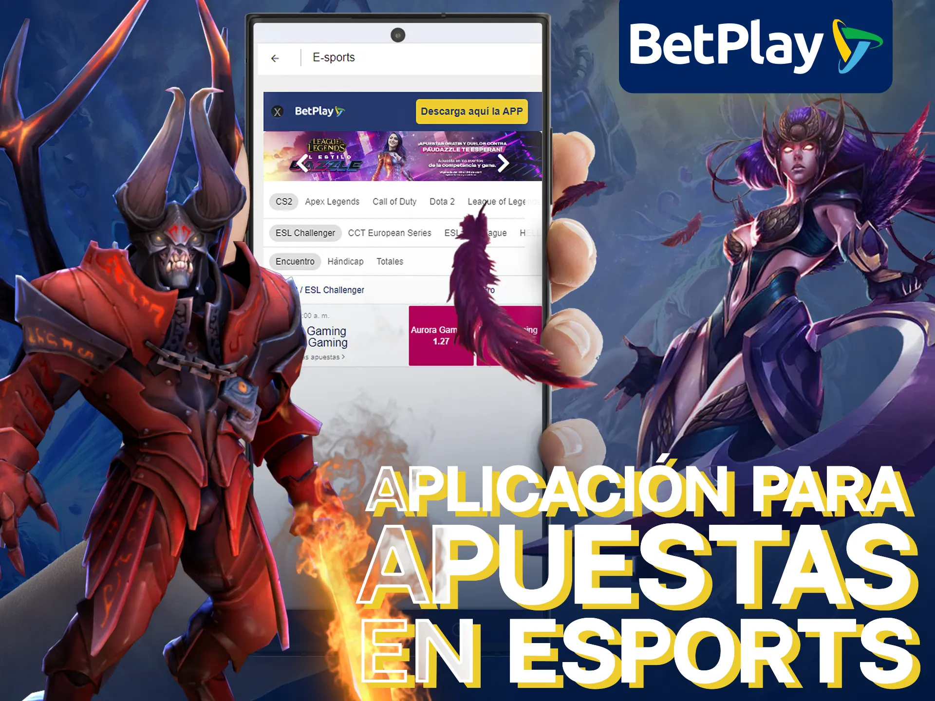 Descarga la aplicación para apostar en BetPlay eSports por teléfono.