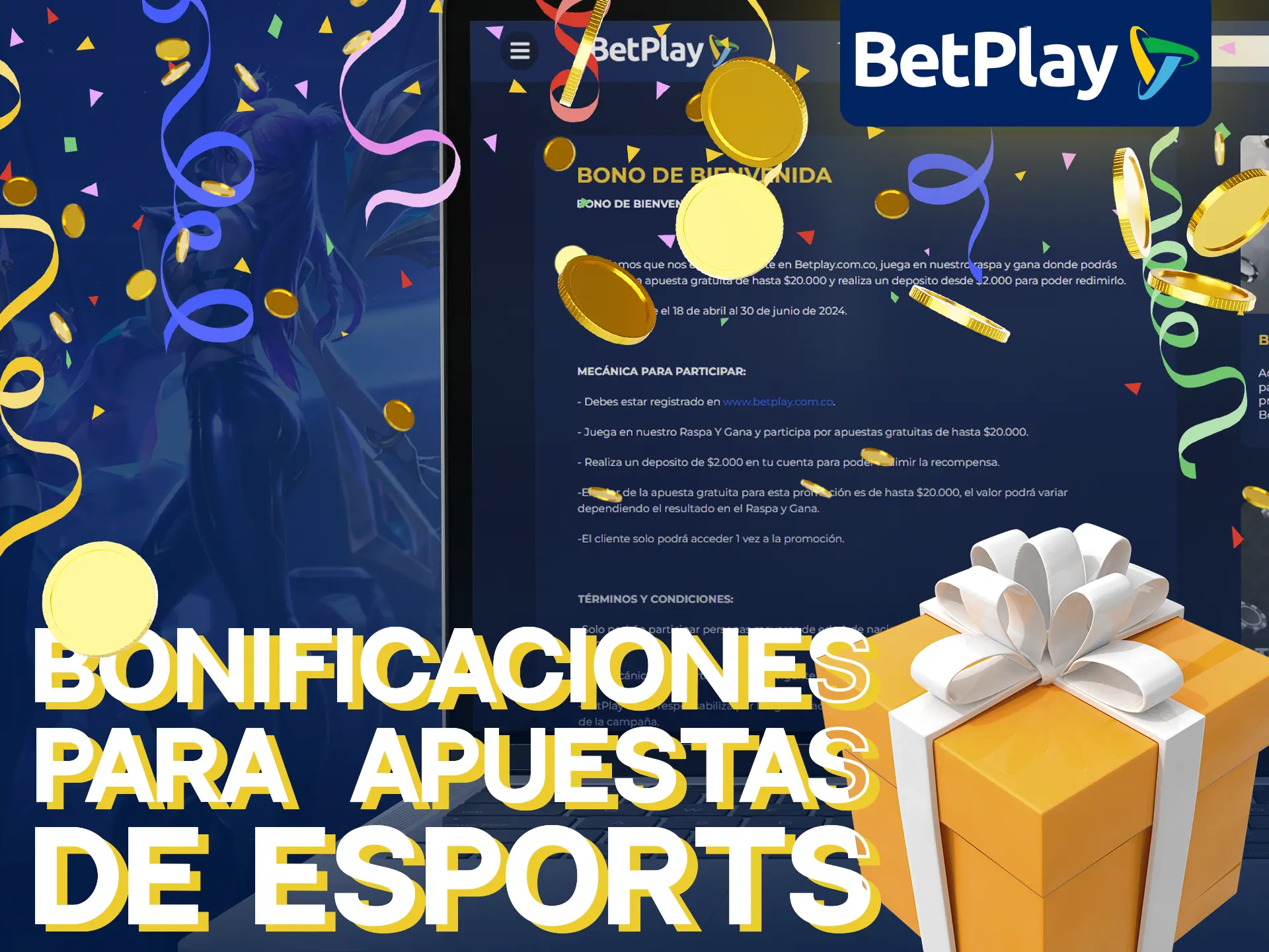 BetPlay ofrece un bono de deportes electrónicos con depósito del 100%.