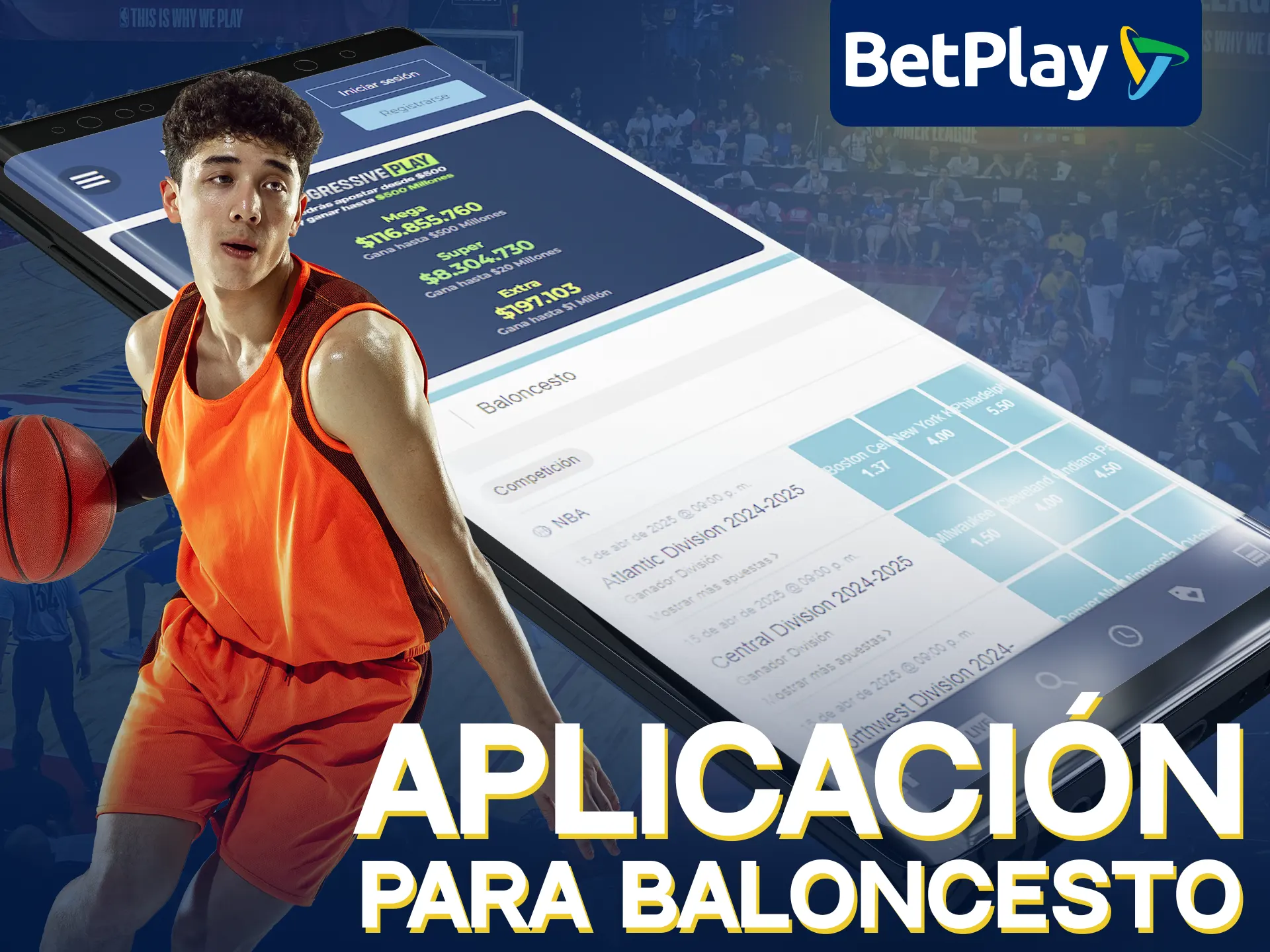 La app de BetPlay simplifica apuestas de baloncesto móviles.