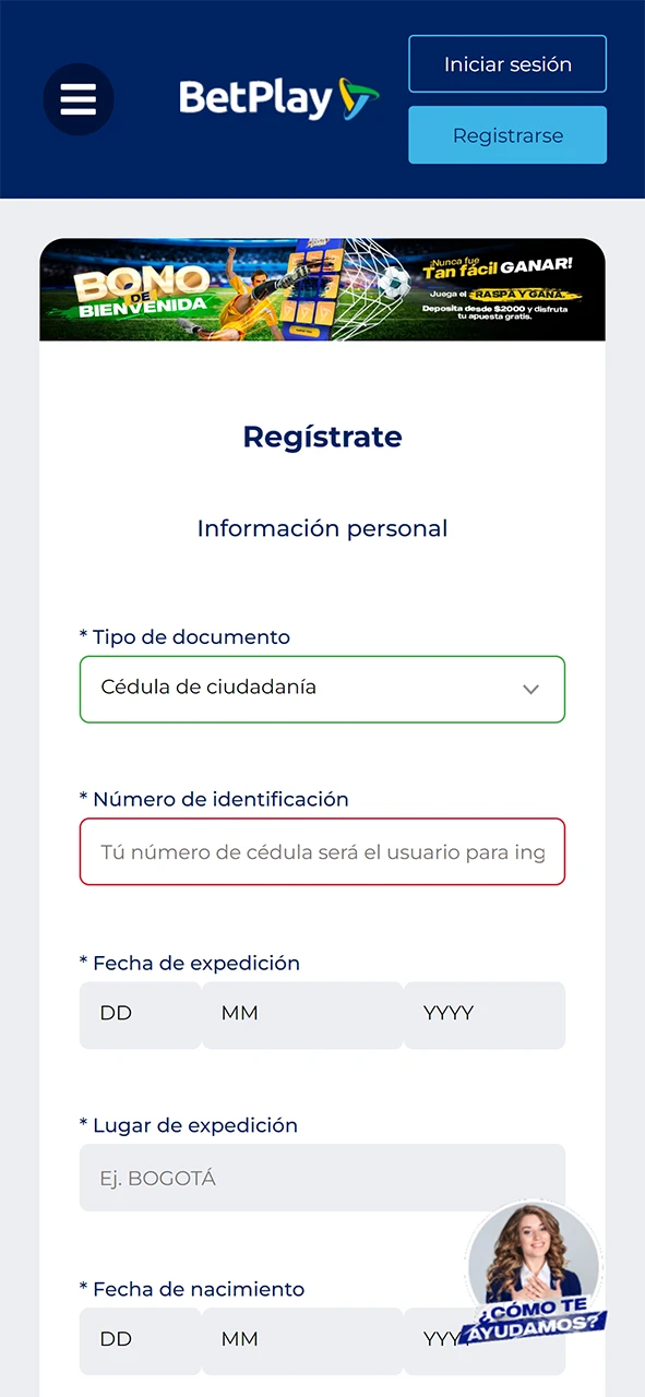 Inicia el proceso de registro en BetPlay abriendo el formulario.