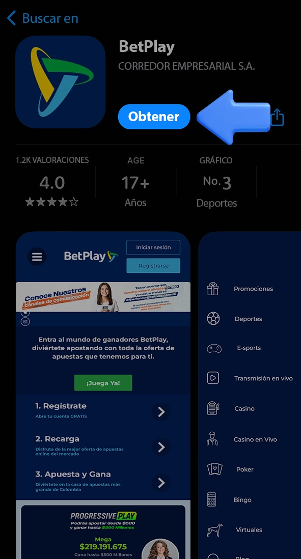 Haz clic en el botón obtener para empezar a descargar la aplicación BetPlay.