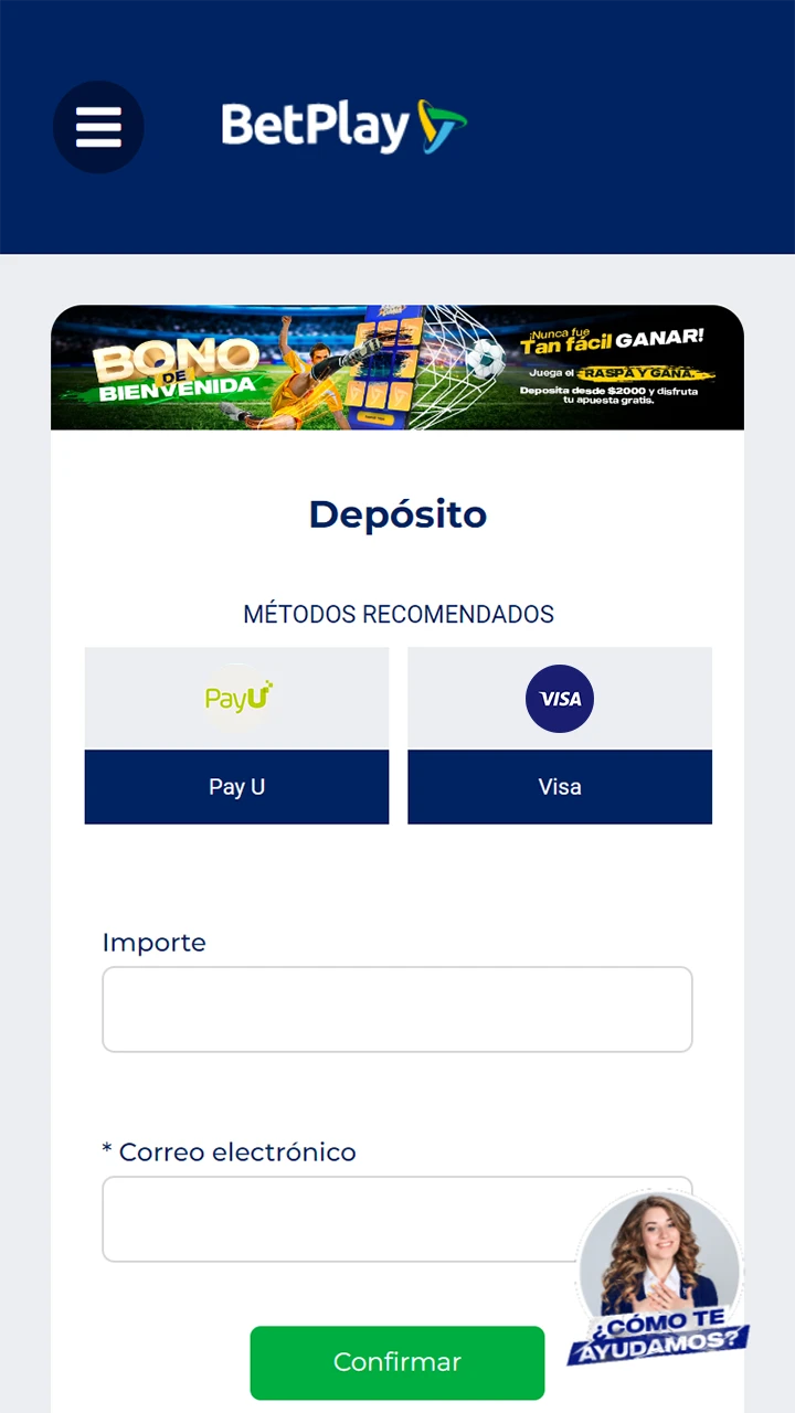 Elige un método de pago para depositar en BetPlay.