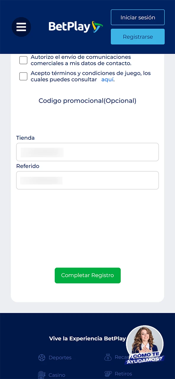 Introduce el código promocional al registrarte en BetPlay.