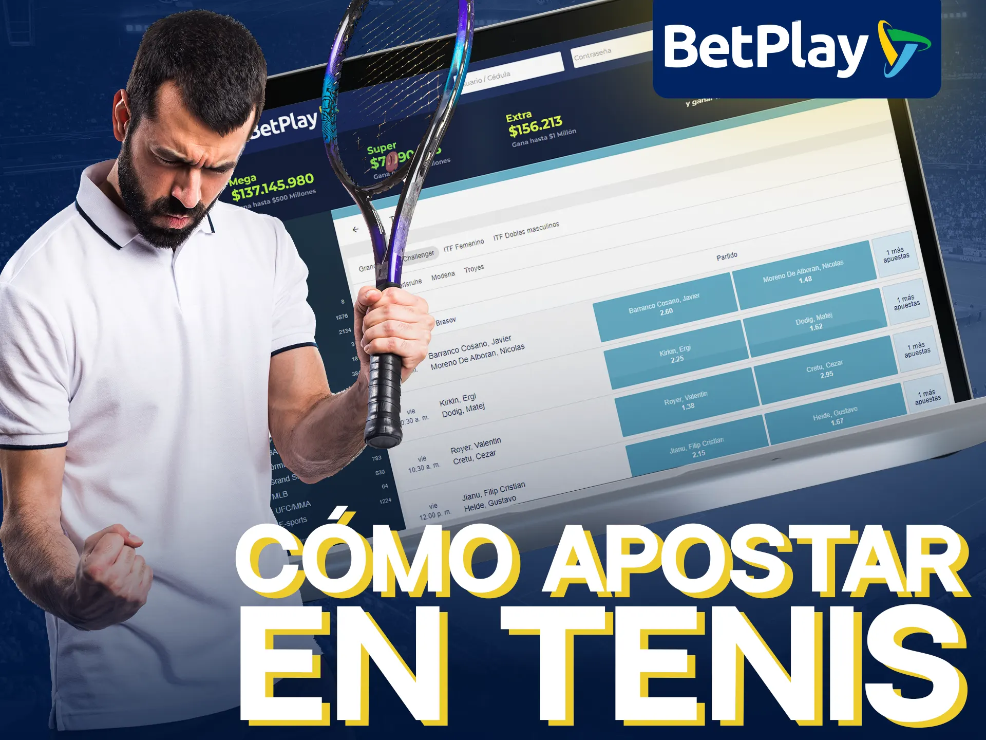 Haga un depósito y elija un torneo para empezar a apostar en el tenis BetPlay.