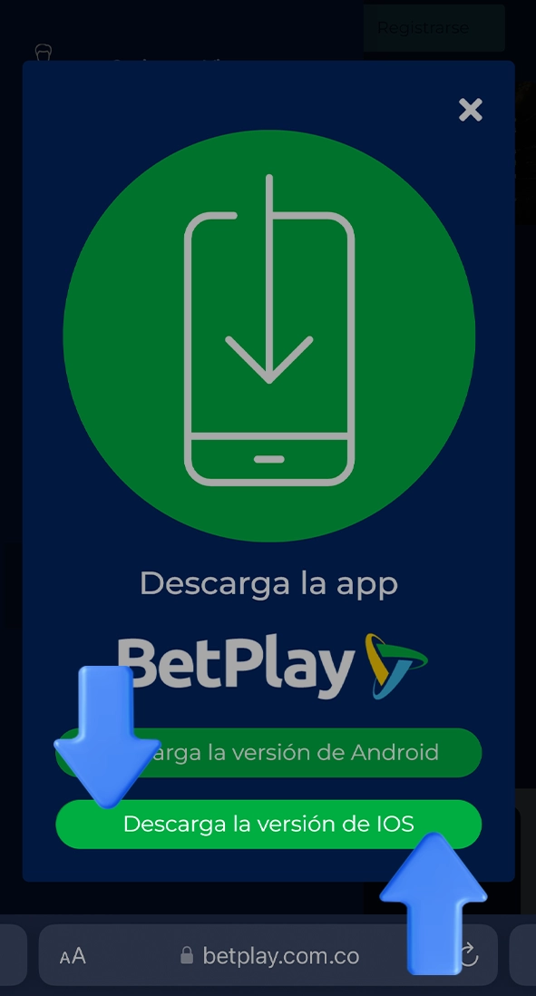 Haz clic en el botón de instalación de la aplicación BetPlay iOS.