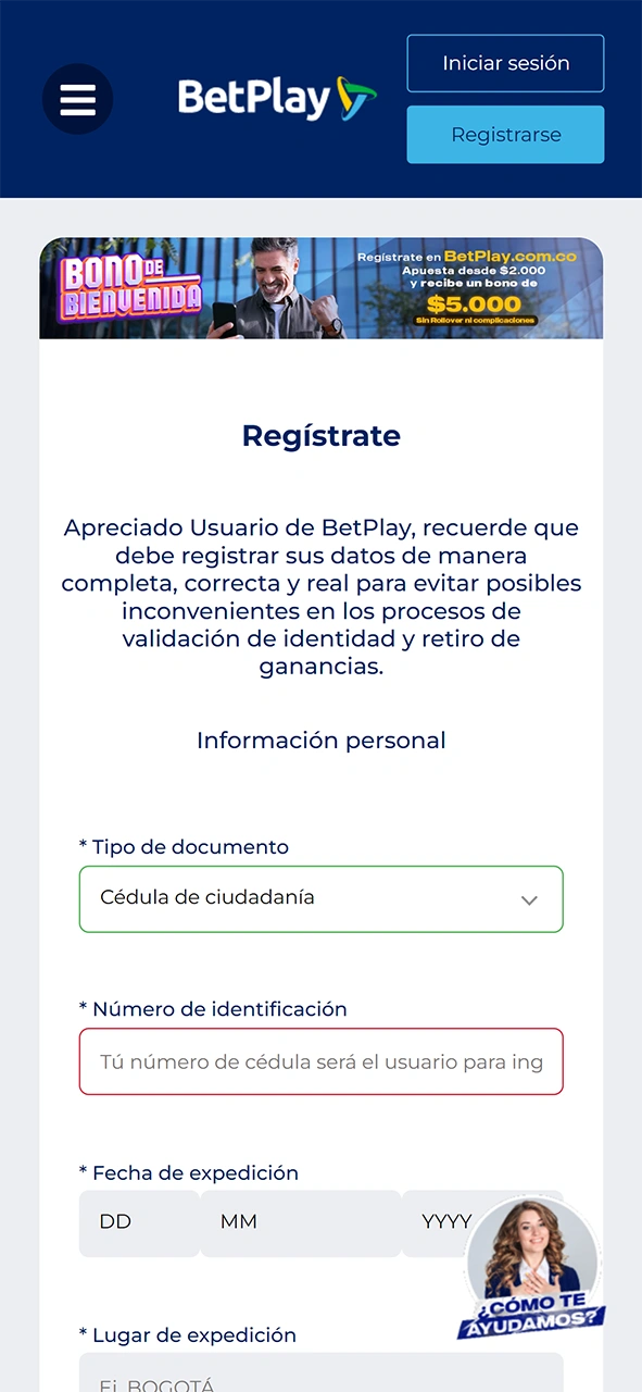 Rellena el formulario de inscripción para unirte a BetPlay.